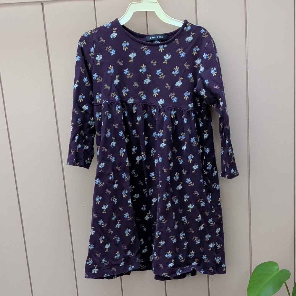 Lands' End Purple Long Sleeve Floral Kids Dress